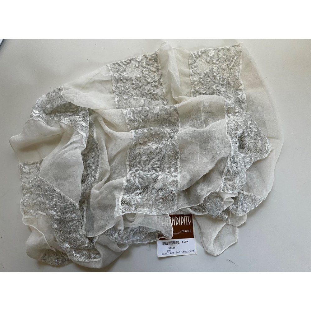 NWT Serendipity Maui White silk and lace long scarf/wrap with crystals, wedding